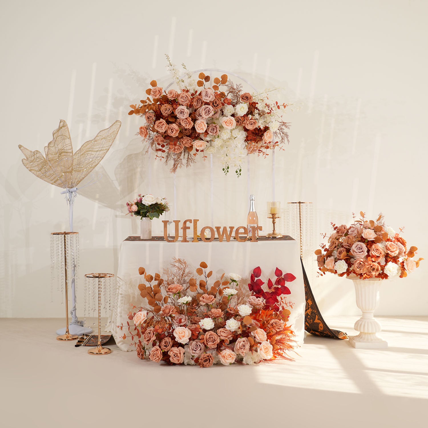 Uflower Coffee Fall Rose Hang Flower Floor Floral Wedding Party Event Props